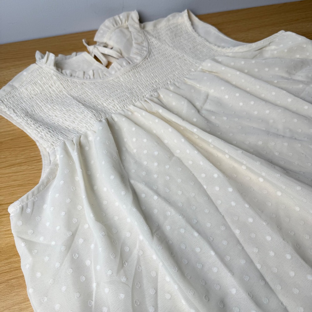 Womens Swiss Dot Smocked Blouse Size L Ruffle Neck Tie Back Cottagecore Romantic